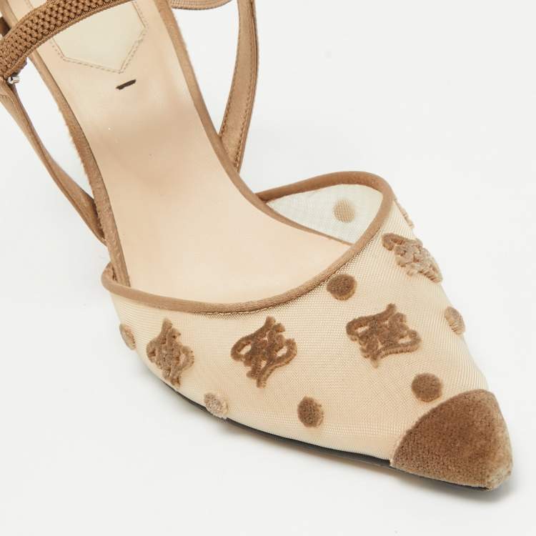 Pre Owned Fendi Brown  Mesh and Satin Colibri Pointed Toe Slingback Pumps Size 38