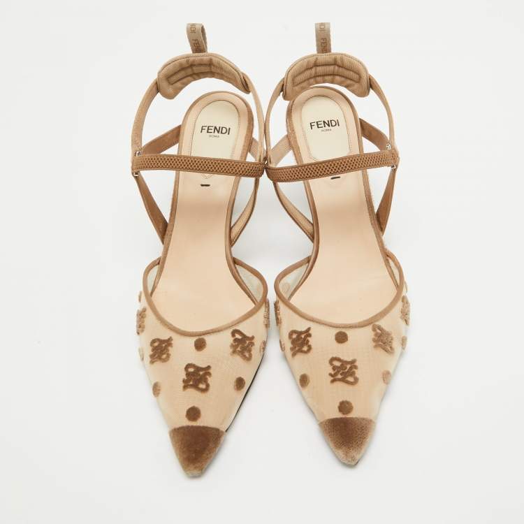 Pre Owned Fendi Brown  Mesh and Satin Colibri Pointed Toe Slingback Pumps Size 38
