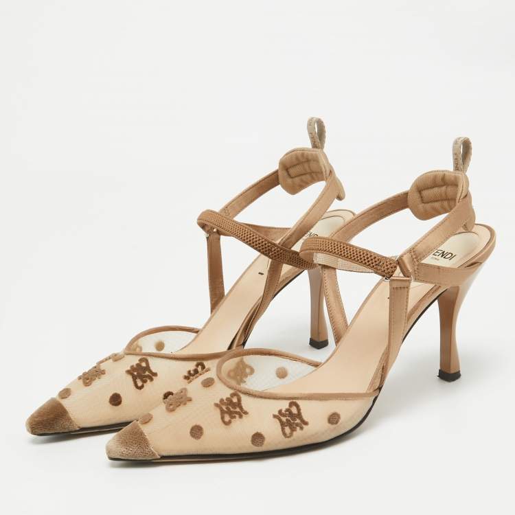 Pre Owned Fendi Brown  Mesh and Satin Colibri Pointed Toe Slingback Pumps Size 38