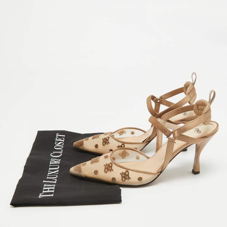 Pre Owned Fendi Brown  Mesh and Satin Colibri Pointed Toe Slingback Pumps Size 38