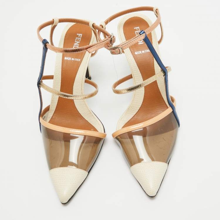 مملوكة مسبقًا Fendi Tricolor Lizard Embossed Leather and PVC Slingback Pointed Toe Pumps Size 38