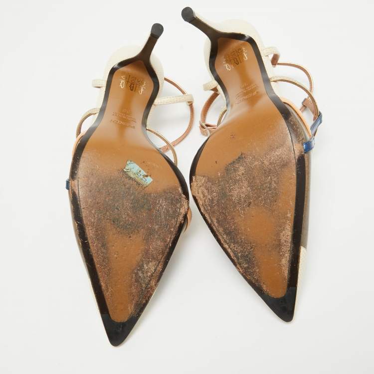 مملوكة مسبقًا Fendi Tricolor Lizard Embossed Leather and PVC Slingback Pointed Toe Pumps Size 38
