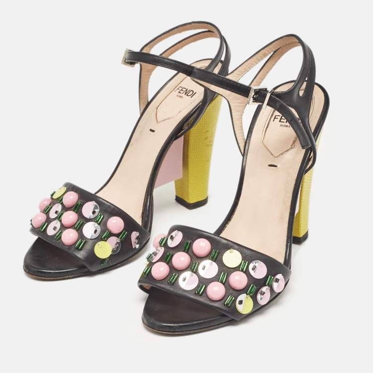 Pre Owned Fendi Black Leather Lizard Embossed Leather Ankle Strap Sandals Size 36