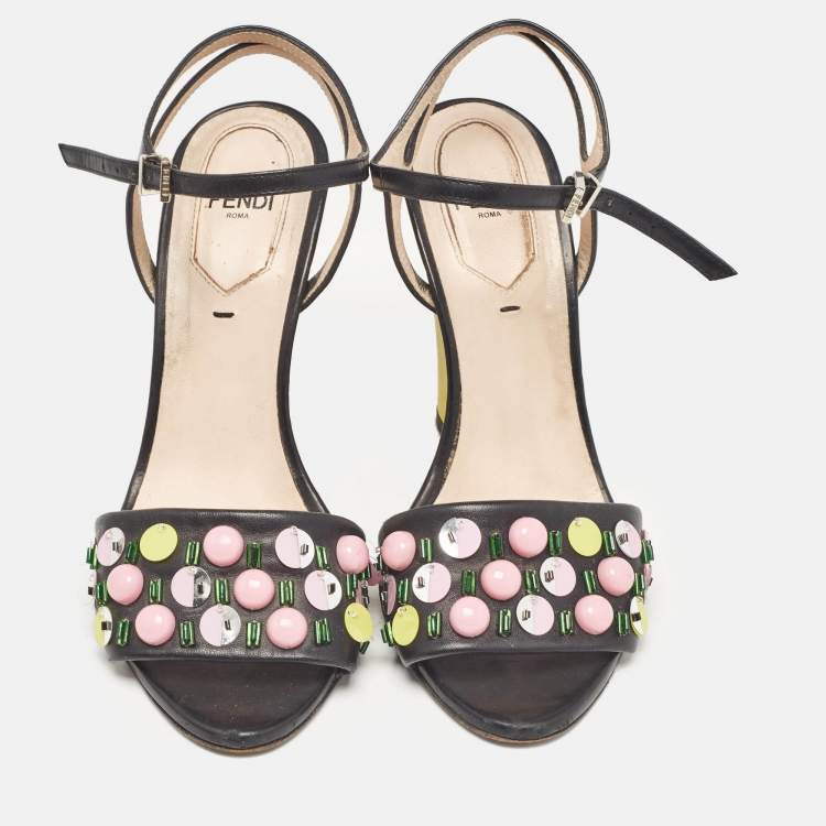 Pre Owned Fendi Black Leather Lizard Embossed Leather Ankle Strap Sandals Size 36