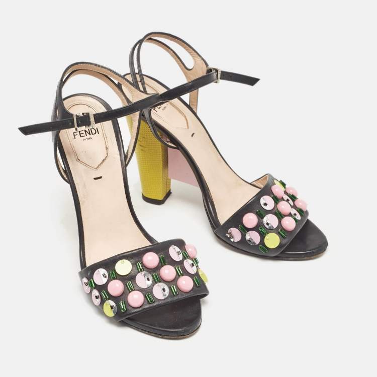 Pre Owned Fendi Black Leather Lizard Embossed Leather Ankle Strap Sandals Size 36