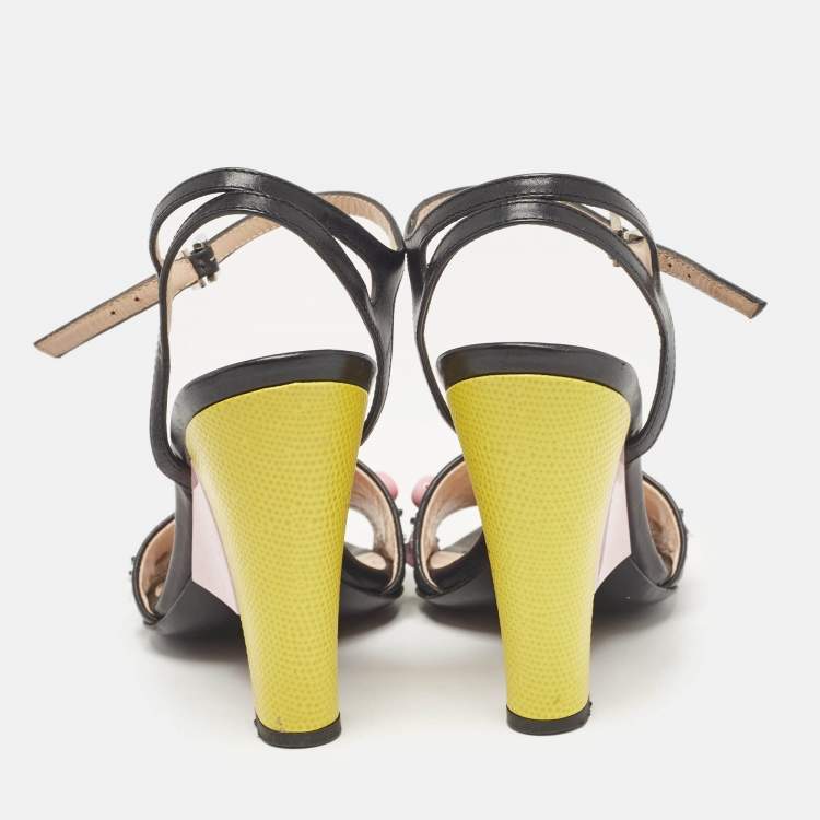 Pre Owned Fendi Black Leather Lizard Embossed Leather Ankle Strap Sandals Size 36