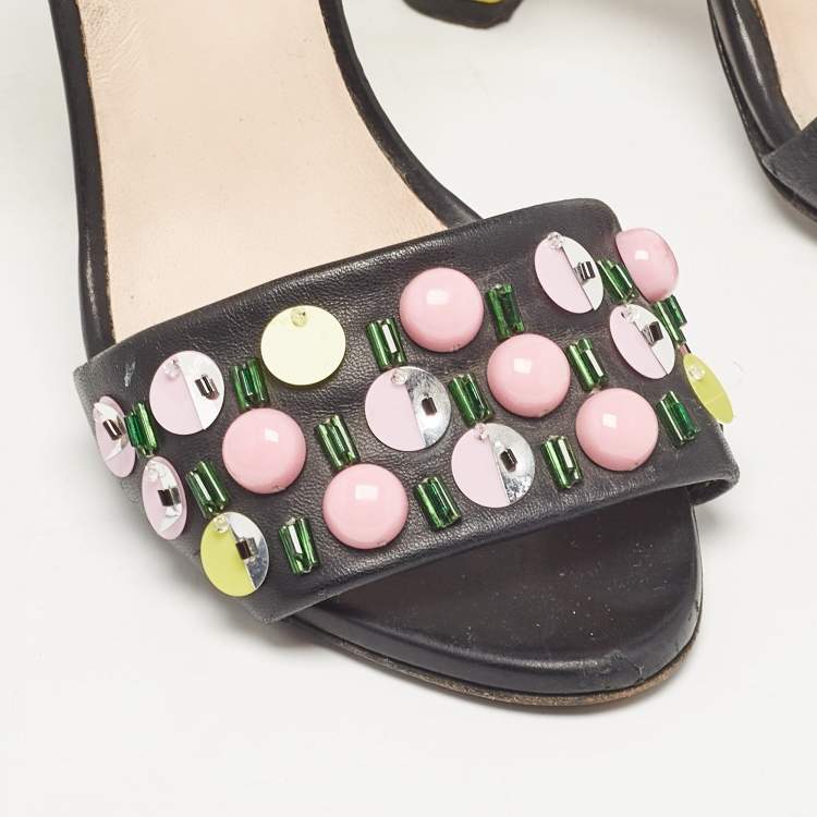 Pre Owned Fendi Black Leather Lizard Embossed Leather Ankle Strap Sandals Size 36
