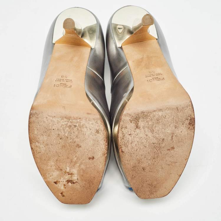 Pre Owned Fendi Silver Leather Fendista Peep Toe Pumps Size 38
