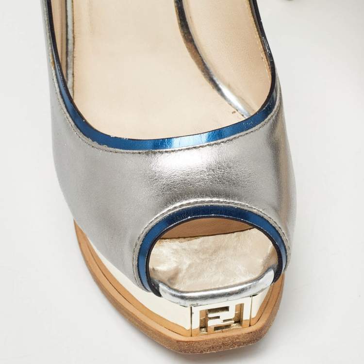 Pre Owned Fendi Silver Leather Fendista Peep Toe Pumps Size 38