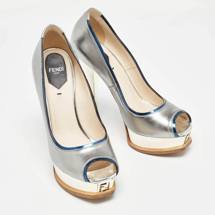 Pre Owned Fendi Silver Leather Fendista Peep Toe Pumps Size 38