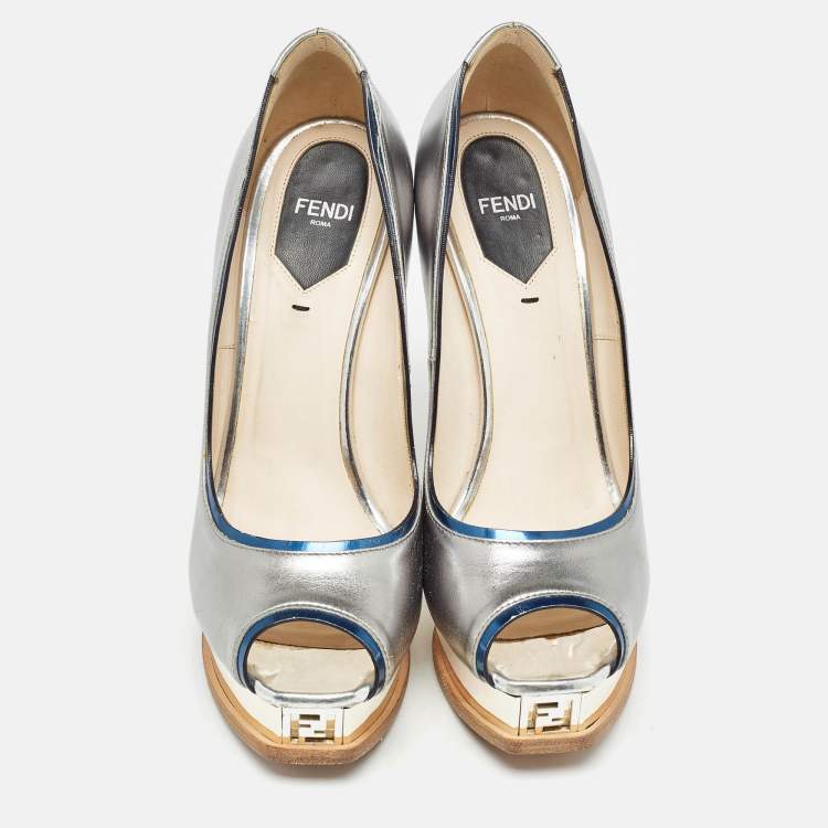 Pre Owned Fendi Silver Leather Fendista Peep Toe Pumps Size 38