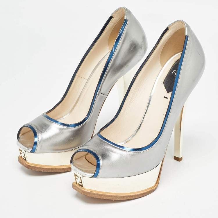 Pre Owned Fendi Silver Leather Fendista Peep Toe Pumps Size 38
