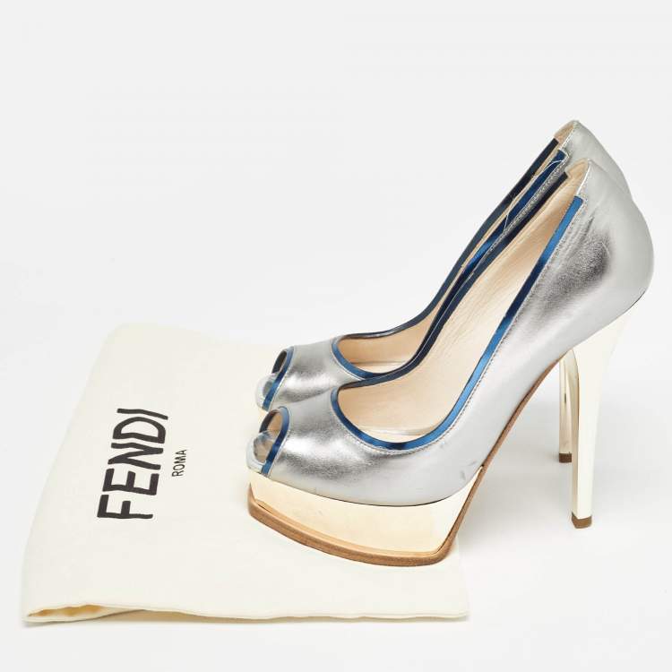 Pre Owned Fendi Silver Leather Fendista Peep Toe Pumps Size 38