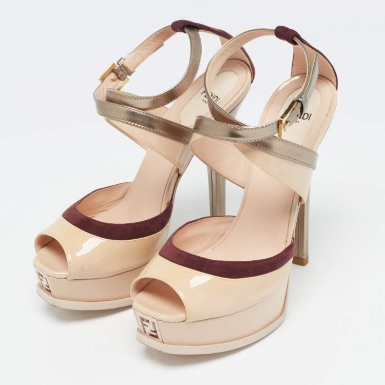 Pre Owned Fendi Multicolor Patent Leather and Suede Ankle Strap Sandals Size 37.5