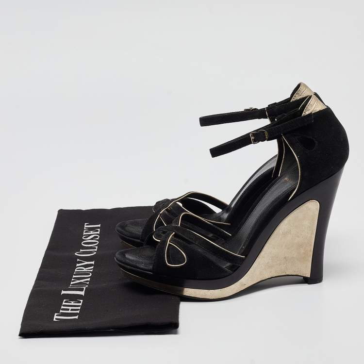 Pre Owned Fendi Black Suede Ankle Strap Wedge Sandals Size 38