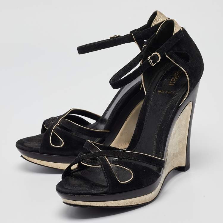 Pre Owned Fendi Black Suede Ankle Strap Wedge Sandals Size 38