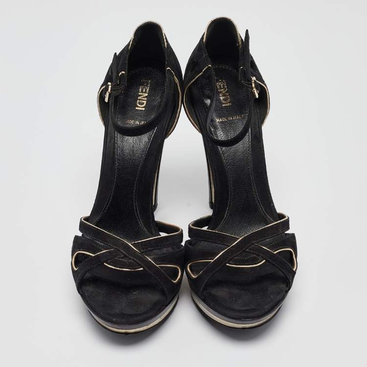 Pre Owned Fendi Black Suede Ankle Strap Wedge Sandals Size 38