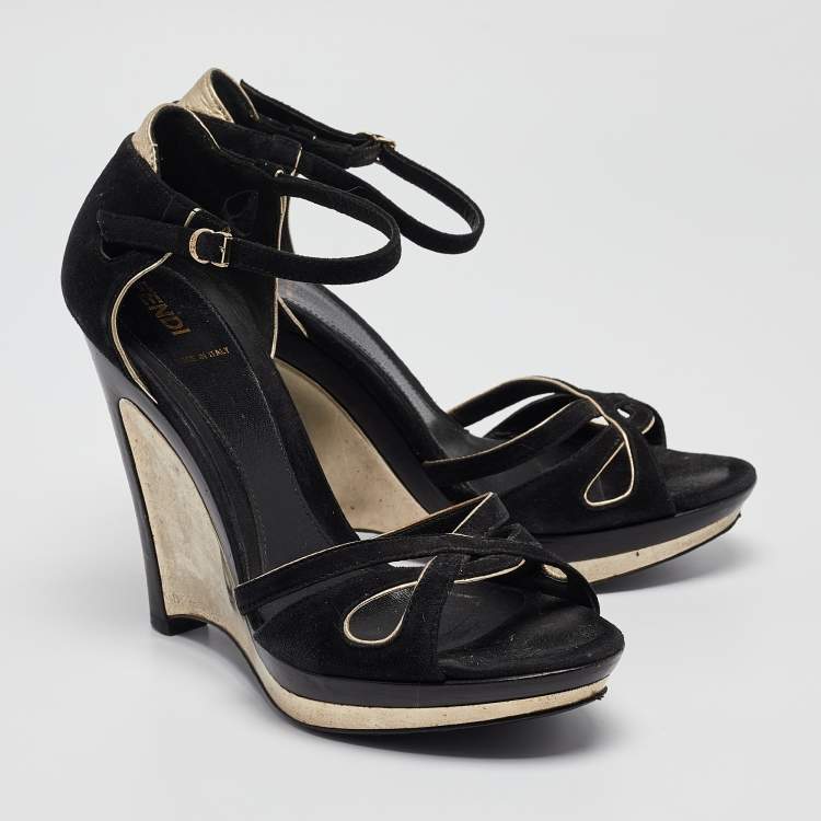 Pre Owned Fendi Black Suede Ankle Strap Wedge Sandals Size 38