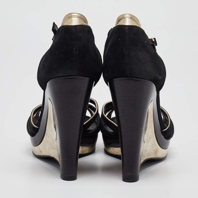 Pre Owned Fendi Black Suede Ankle Strap Wedge Sandals Size 38