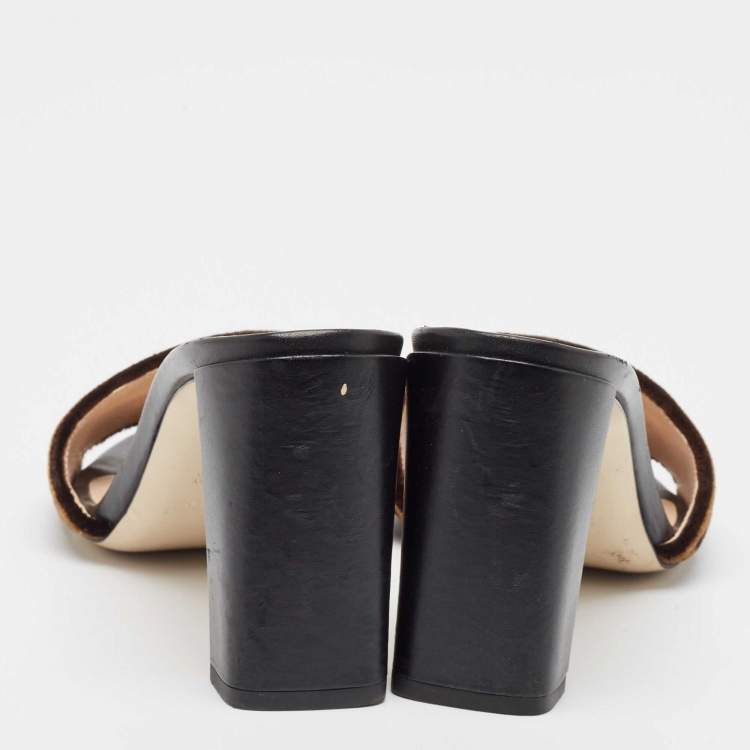 Pre Owned Fendi Brown Velvet Slide Sandals Size 37.5