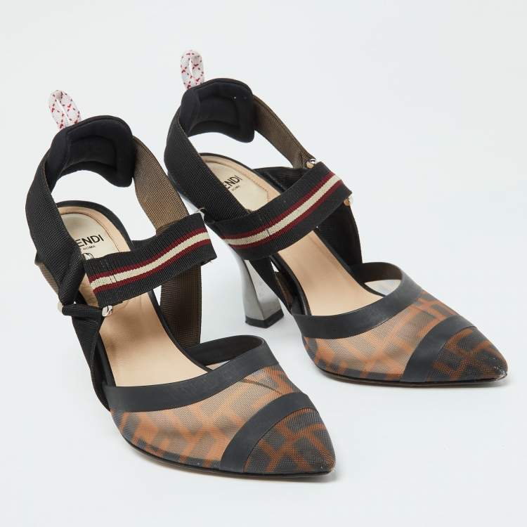 Pre Owned Fendi Black/Brown Zucca Mesh and Canvas Colibri Pumps Size 36