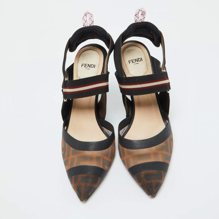 Pre Owned Fendi Black/Brown Zucca Mesh and Canvas Colibri Pumps Size 36