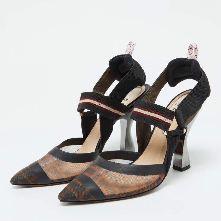 Pre Owned Fendi Black/Brown Zucca Mesh and Canvas Colibri Pumps Size 36