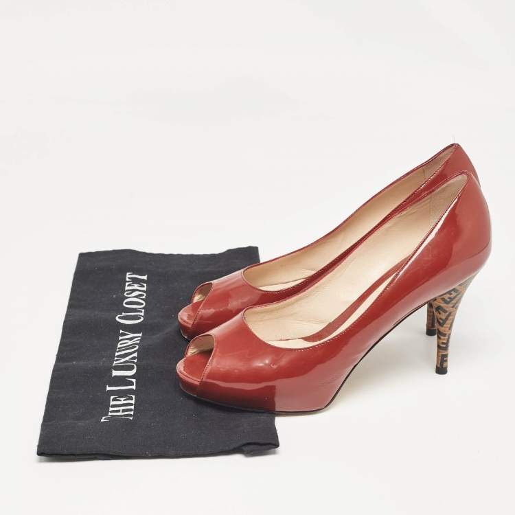 Pre Owned Fendi Brown Patent Leather Zucca Heel Peep Toe Pumps Size 38.5