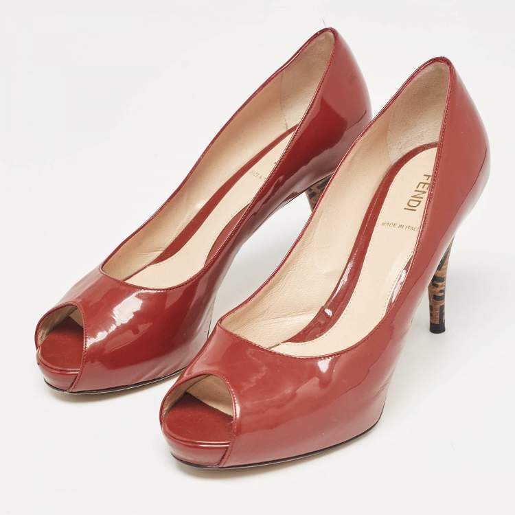 Pre Owned Fendi Brown Patent Leather Zucca Heel Peep Toe Pumps Size 38.5