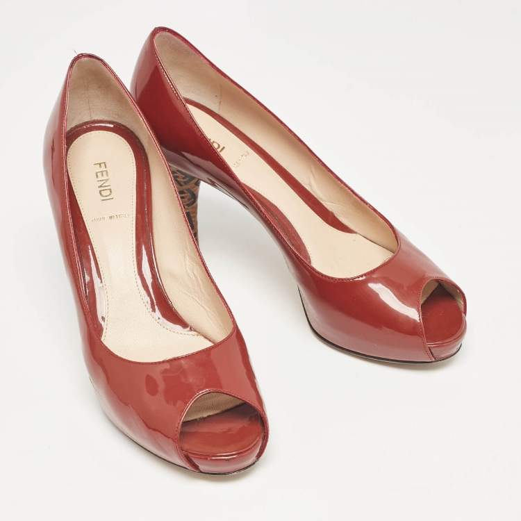 Pre Owned Fendi Brown Patent Leather Zucca Heel Peep Toe Pumps Size 38.5