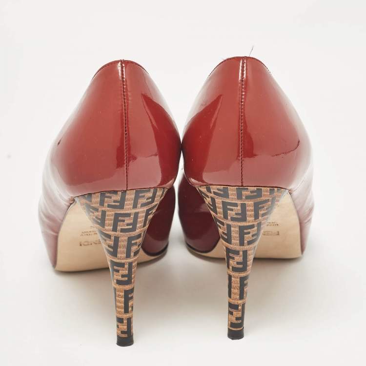 Pre Owned Fendi Brown Patent Leather Zucca Heel Peep Toe Pumps Size 38.5