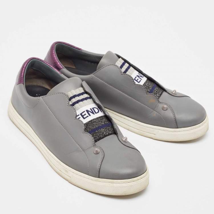 Pre Owned Fendi Grey Fabric and Leather Rockoko Slip On Sneakers Size 38