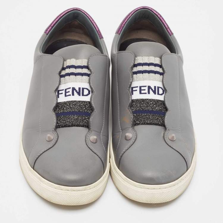 Pre Owned Fendi Grey Fabric and Leather Rockoko Slip On Sneakers Size 38