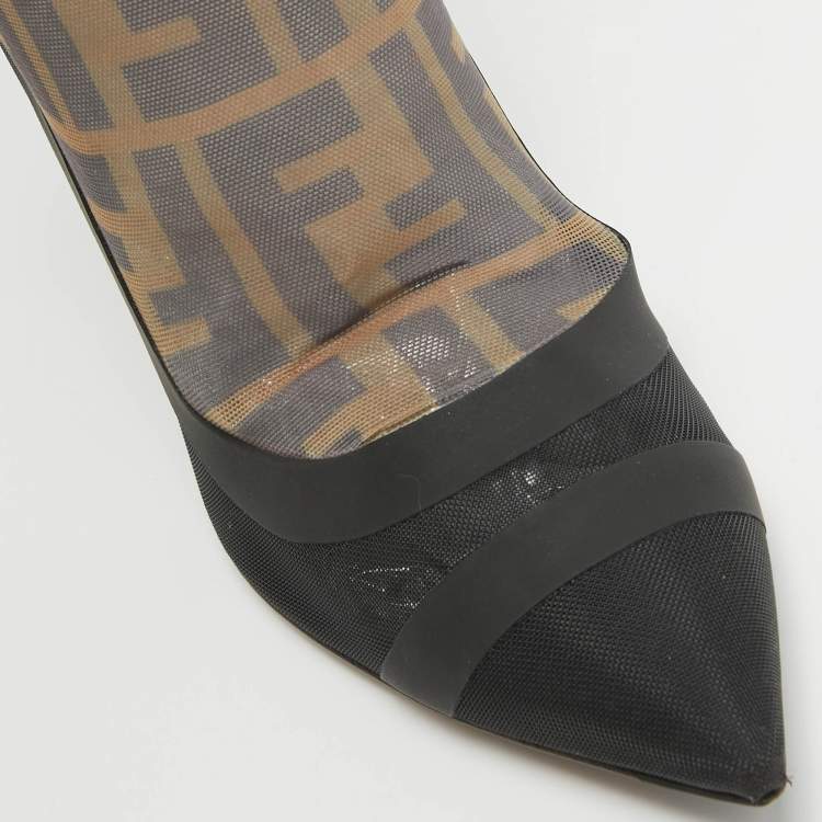 Pre Owned Fendi Black Mesh FF Colibri Mid Calf Boots Size 38