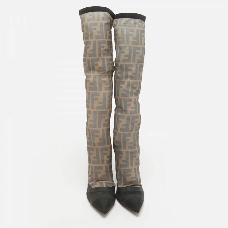 Pre Owned Fendi Black Mesh FF Colibri Mid Calf Boots Size 38