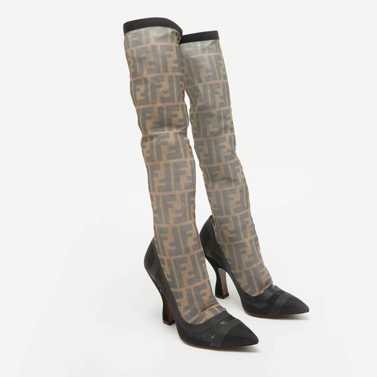 Pre Owned Fendi Black Mesh FF Colibri Mid Calf Boots Size 38