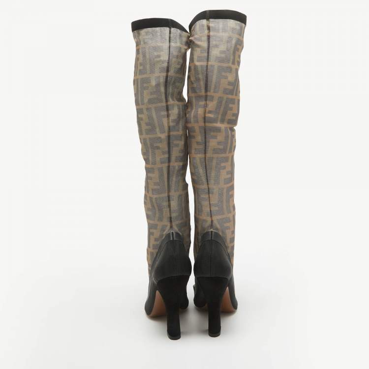 Pre Owned Fendi Black Mesh FF Colibri Mid Calf Boots Size 38