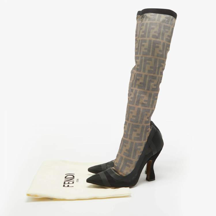 Pre Owned Fendi Black Mesh FF Colibri Mid Calf Boots Size 38