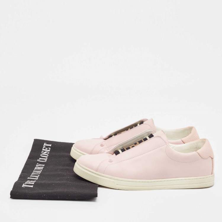 Pre Owned Fendi Pink Cotton Knit and Leather Slip On Sneakers Size 38