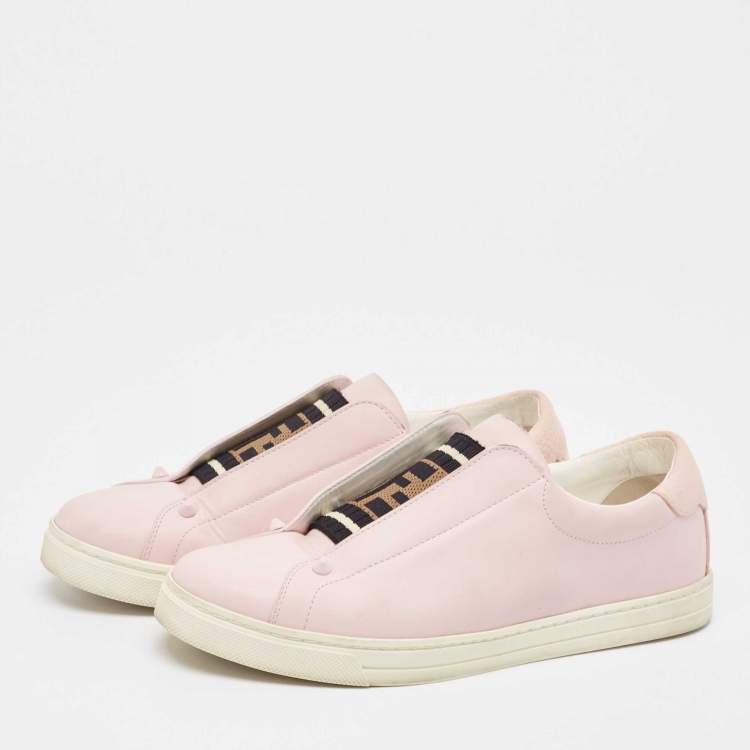 Pre Owned Fendi Pink Cotton Knit and Leather Slip On Sneakers Size 38