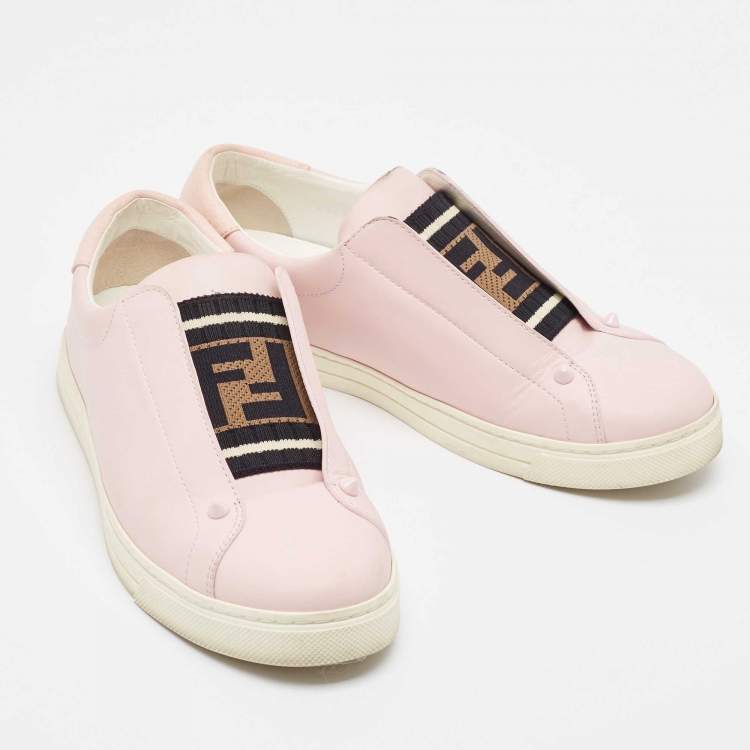 Pre Owned Fendi Pink Cotton Knit and Leather Slip On Sneakers Size 38