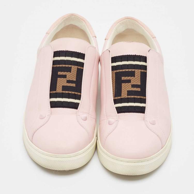 Pre Owned Fendi Pink Cotton Knit and Leather Slip On Sneakers Size 38