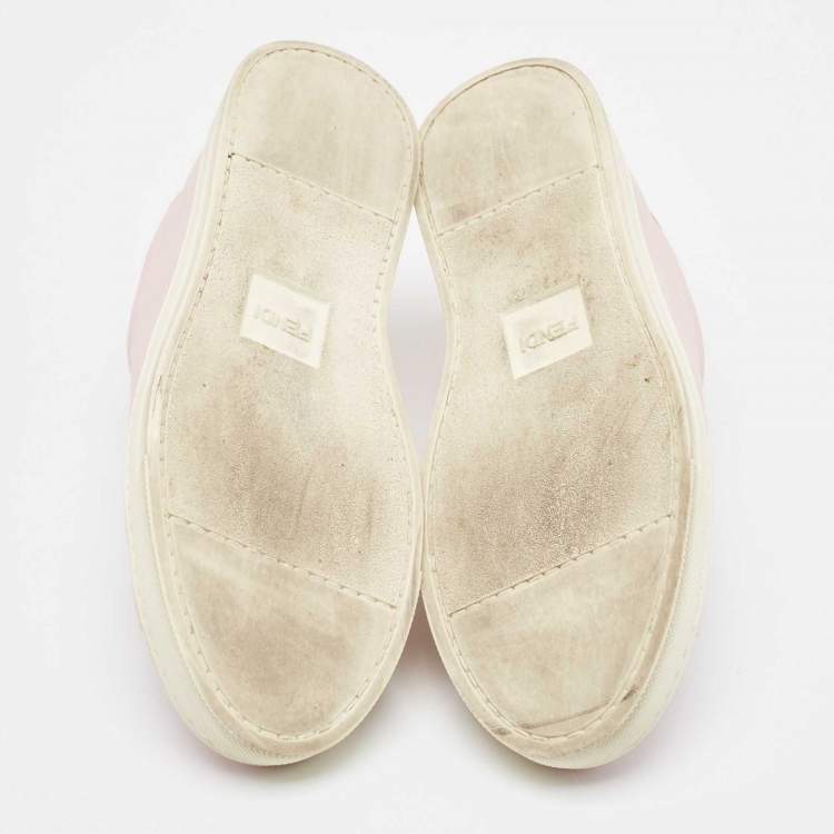 Pre Owned Fendi Pink Cotton Knit and Leather Slip On Sneakers Size 38
