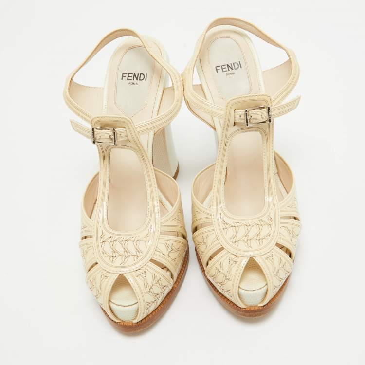 Pre Owned Fendi Cream Patent Leather T-Bar Ankle Strap Sandals Size 36