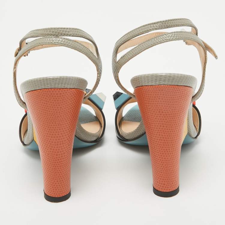 Pre Owned Fendi Black/Grey Leather and Embossed Lizard Fantasia Sandals Size 35