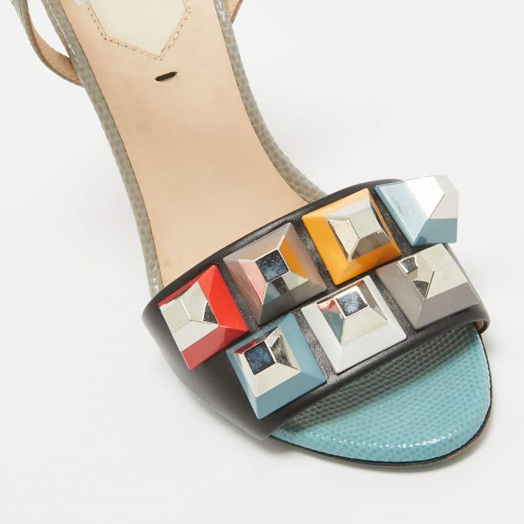 Pre Owned Fendi Black/Grey Leather and Embossed Lizard Fantasia Sandals Size 35