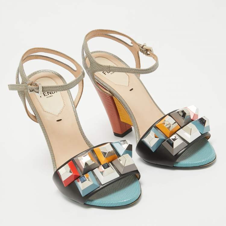 Pre Owned Fendi Black/Grey Leather and Embossed Lizard Fantasia Sandals Size 35