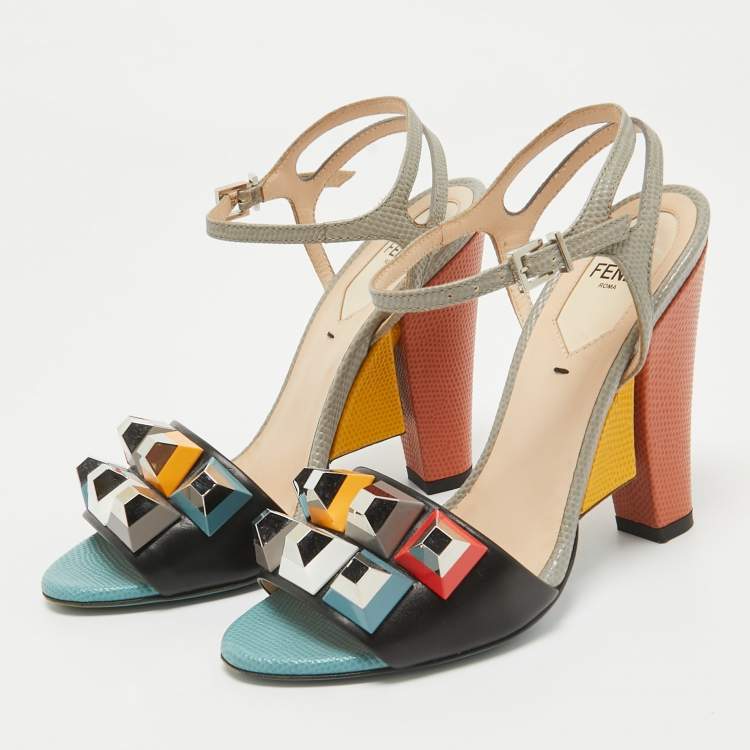 Pre Owned Fendi Black/Grey Leather and Embossed Lizard Fantasia Sandals Size 35