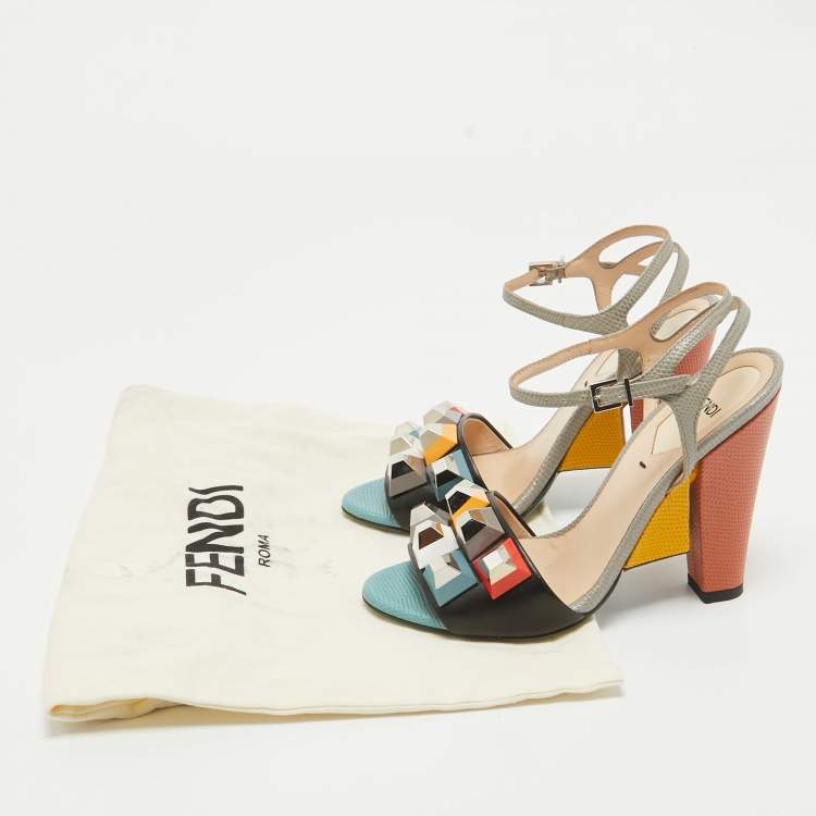 Pre Owned Fendi Black/Grey Leather and Embossed Lizard Fantasia Sandals Size 35