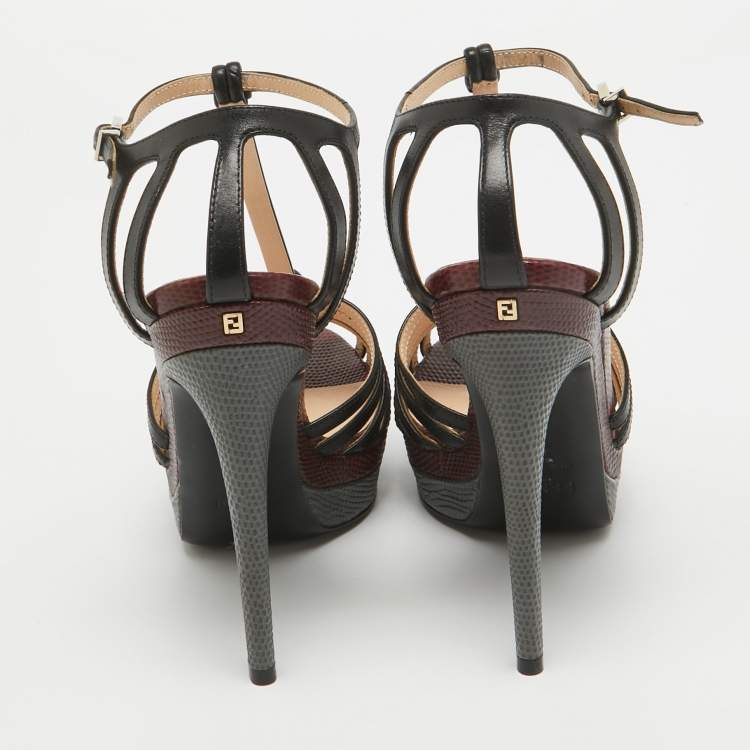 Pre Owned Fendi Black Leather T-Bar Strappy Platform Sandals Size 35